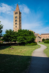 Obraz premium Pomposa Abbey, benedictine monastery medieval church and campanile tower. Codigoro, Ferrara, Emilia Romagna, Italy, Europe.