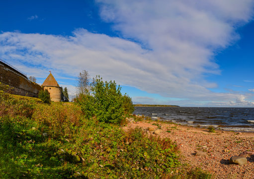 Preserved buildings of the ancient fortress on the island of Nut at the mouth of the Neva river.