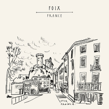 Castle in Foix, Occitanie, France. Vintage hand drawn touristic postcard