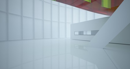 Obraz premium Abstract white and colored gradient glasses interior multilevel public space with window. 3D illustration and rendering.