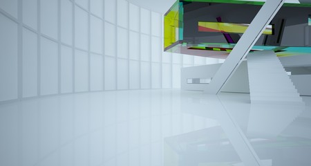 Obraz premium Abstract white and colored gradient glasses interior multilevel public space with window. 3D illustration and rendering.