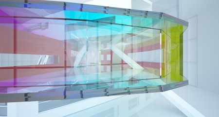 Fototapeta premium Abstract white and colored gradient glasses interior multilevel public space with window. 3D illustration and rendering.