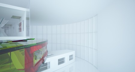 Abstract white and colored gradient glasses interior multilevel public space with window. 3D illustration and rendering.