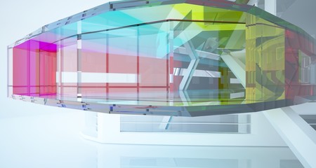 Fototapeta premium Abstract white and colored gradient glasses interior multilevel public space with window. 3D illustration and rendering.