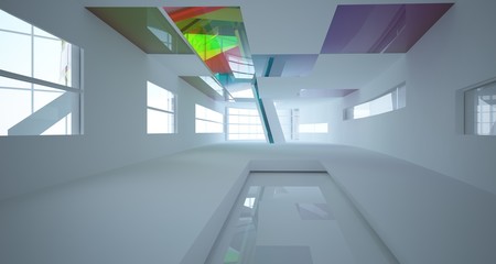 Obraz premium Abstract white and colored gradient glasses interior multilevel public space with window. 3D illustration and rendering.