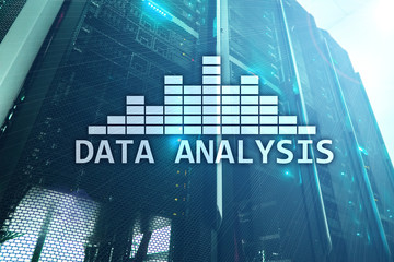 Big Data analysis text on server room background. Internet and modern technology concept.