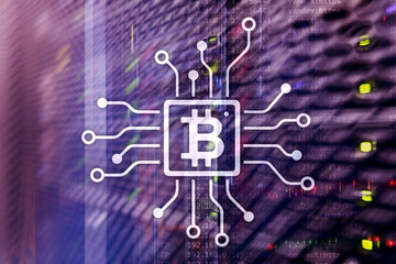 Bitcoin, Blockchain concept on server room background.