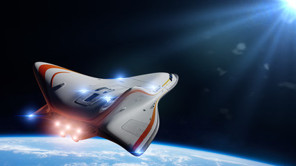 spaceship in orbit of planet Earth, shuttle orbiting the blue planet © dottedyeti