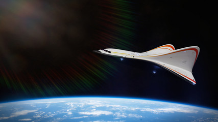 spaceship in orbit of planet Earth, tourism in outer space © dottedyeti