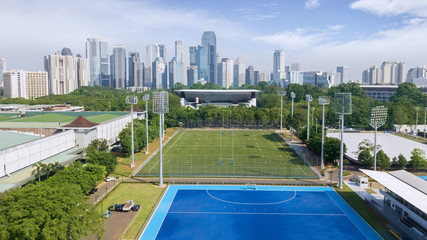 Naklejka premium Beautiful Senayan stadium complex under blue sky
