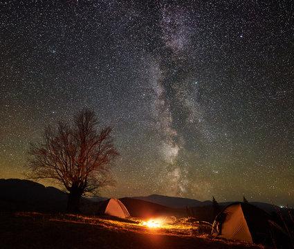 Fantastic night camping site view. Bright bonfire burning between two tourist tents under beautiful dark starry sky on big tree and distant mountain range background. Tourism and traveling concept.