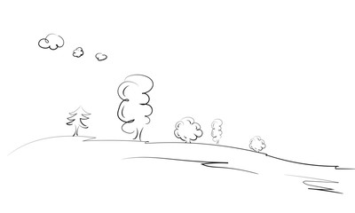 Wald Landschaft Hügel Baum Bäume Laubbäume Holz Gehölz Zeichnung Skizze Hintergrund 