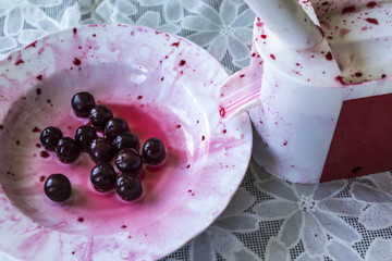 Cooking cherry jam. Cherries with removed cherrystones using a cherry stoner . Site about fruits, berries, food, cuisine and cooking.