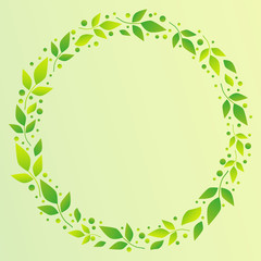 Light green background with decorative circle frame of green leaves and dots for decoration, scrapbooking paper, sheet of book or notebook, wedding invitation, greeting card, text, family tree