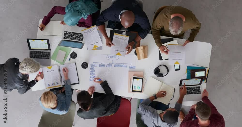 Wall mural top view young diverse team of web developers brainstorming ideas for startup business website plann