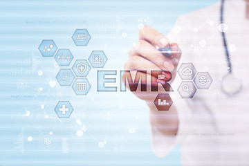 Electronic health record. EHR, EMR. Medicine and healthcare concept. Medical doctor working with modern pc.