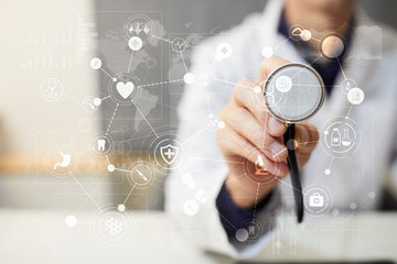 Medical concept on virtual screen. Healthcare. Online medical consultation and health check, EMR, EHR.