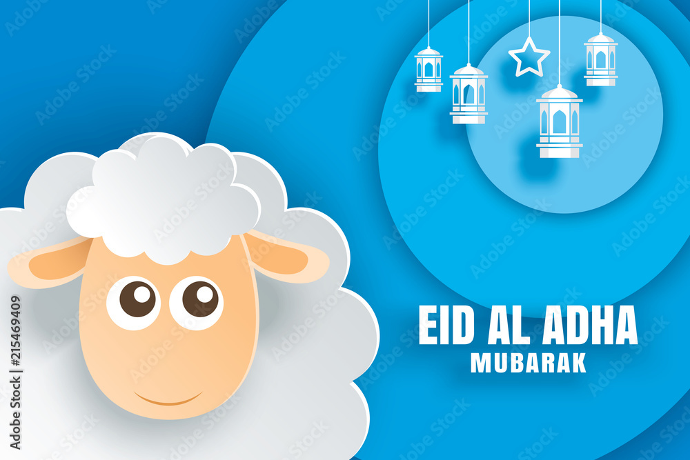 Wall mural eid al adha mubarak celebration card with sheep in paper art blue background. use for banner, poster