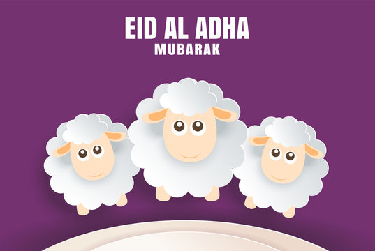 Eid Al Adha Mubarak celebration card with sheep in paper art purple background. Use for banner, poster, flyer, brochure sale template.
