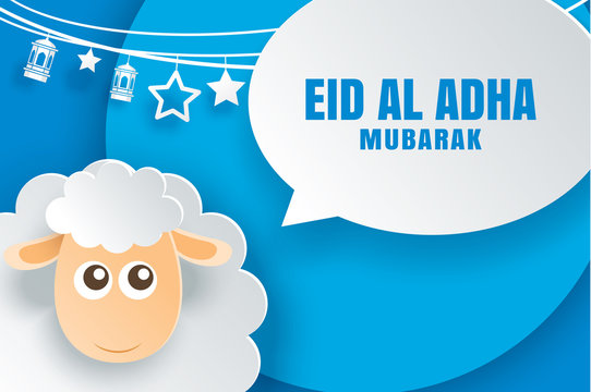 Eid Al Adha Mubarak celebration card with sheep and bubble speech in paper art blue background. Use for banner, poster, flyer, brochure sale template.