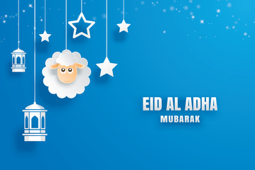 Fototapeta premium Eid Al Adha Mubarak celebration card with paper art sheep hanging on blue background. Use for banner, poster, flyer, brochure sale template.