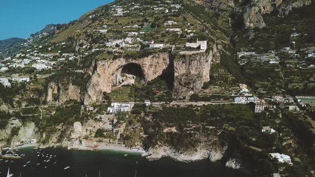Aerial view of Conca dei Marini village on Amalfi coast seen from the sea, Campania, Italy