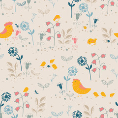 Summer seamless pattern with birds, chicks and flowers.