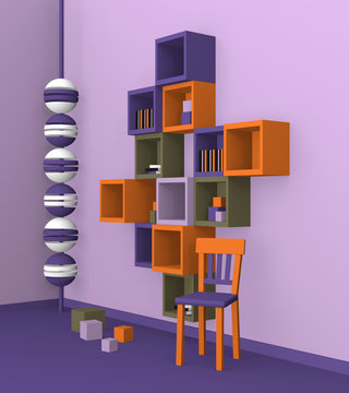 Modernes Wohnen: Regal aus Würfeln in trendigen Farben aus Seitenansicht. 3d render