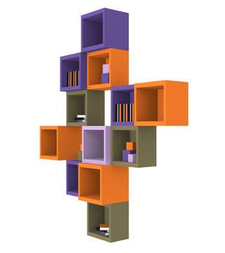 Modernes Wohnen: Regal aus Würfeln in trendigen Farben aus Seitenansicht auf weiß isoliert. 3d render
