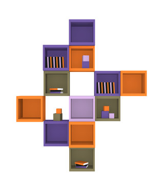 Modernes Wohnen: Regal aus Würfeln in trendigen Farben aus Vorderansicht auf weiß isoliert. 3d render