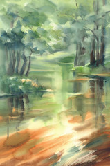 forest and river reflections landscape watercolor background