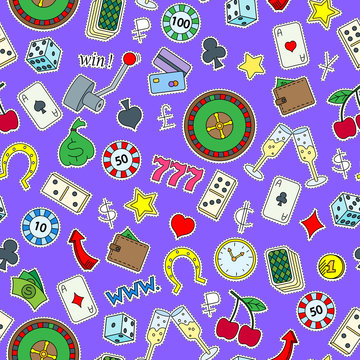 Seamless pattern on the theme of gambling and money simple painted patch icons on purple background