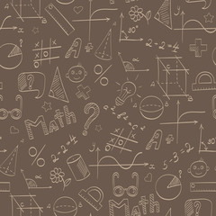 Seamless pattern on the theme of the school, of education and of the subject mathematics, the beige hand-drawn graphics, formulas, and icons on brown background