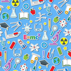Fototapeta na wymiar Seamless pattern on the theme of the subject of physics education, simple colored sticker icons on blue background