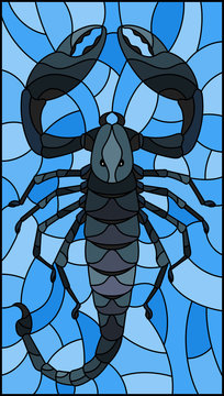 Illustration in stained glass style with abstract black Scorpion on blue background
