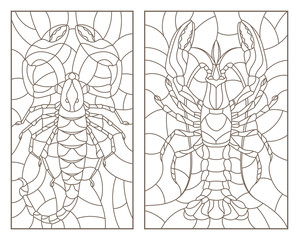 Set of contour illustrations of stained glass Windows with Scorpion and cancer, dark contours on a white background