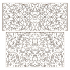 Set contour illustrations of stained glass with abstract swirls and flowers , horizontal orientation