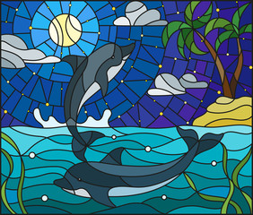 Fototapeta premium Illustration in stained glass style with a pair of dolphins on the background of water ,tarry cloud, sky ,moon and Islands with palm trees