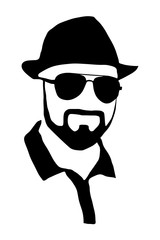 Hipster detailed  beard with sunglasses and hat. Fashion bearded man face isolated on white background. Vector silhouette.