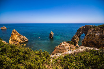 Sight of the Beach of the Navy in Lagoon in Algarve Portugal