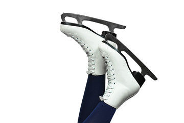 Female legs in figure skates close-up isolated on the white  background
