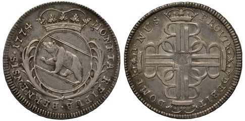 Switzerland Swiss silver coin 1/4 quarter thaler 1774, Bern Republic, crowned shield with bear...