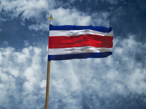 Costa Rica flag Silk waving flag of Costa Rica  transparent fabric with wooden flagpole gold spear on background sunny blue sky white smoke clouds real retro photo Countries of world 3d illustration