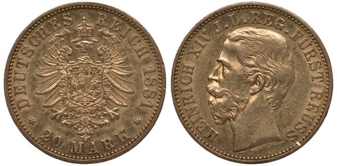 Germany German Reuss golden coin 20 twenty mark 1881, imperial eagle of older type with shield on...