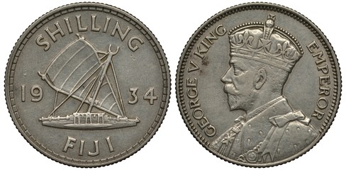 Fiji Fijian silver coin 1 one shilling 1934, sailing catamaran divides dates, bust of King George V in ceremonial vestments, 