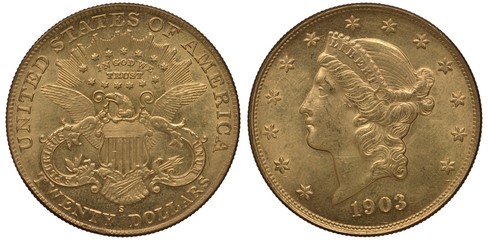 United States golden coin 20 twenty dollars 1903, eagle with striped shield on chest, olive branch and arrows in claws, thirteen stars framing motto above, Liberty head surrounded by thirteen stars,