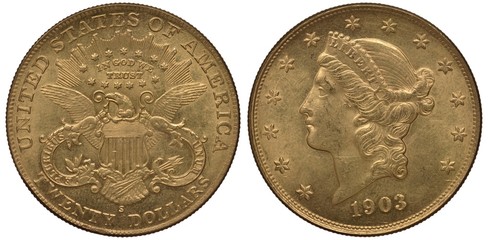 United States golden coin 20 twenty dollars 1903, eagle with striped shield on chest, olive branch...