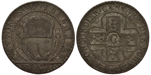Switzerland Swiss silver coin 1 one batzen 1826, canton Solothurn, shield in circle of beads, face...