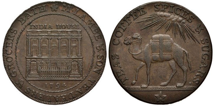 United Kingdom British copper token 1/2 half penny 1794, issuer M. Lambe and Son tea dealers and grocers, city of Bath, India house in center, camel with load, star below,