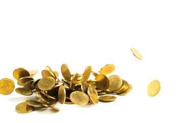 Falling gold coins money isolated on the white background, business money and finance concept.